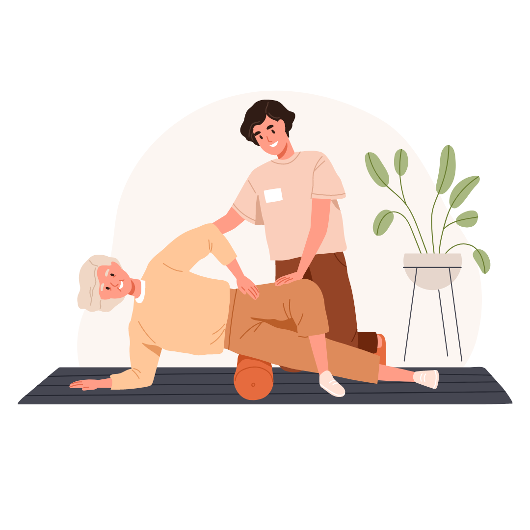 Physiotherapist assisting patient with hip mobility exercise on foam roller 